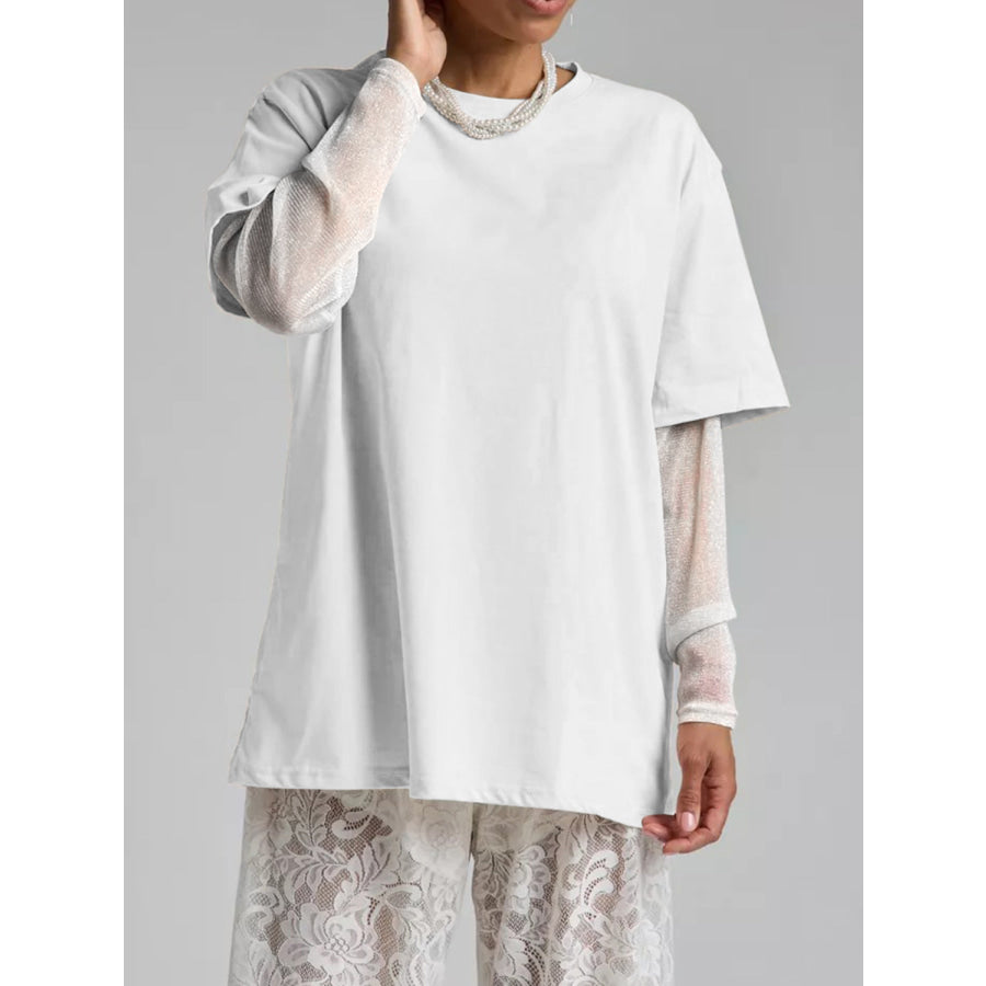 Faux Layered Round Neck Mesh Sleeve Top White / S Apparel and Accessories