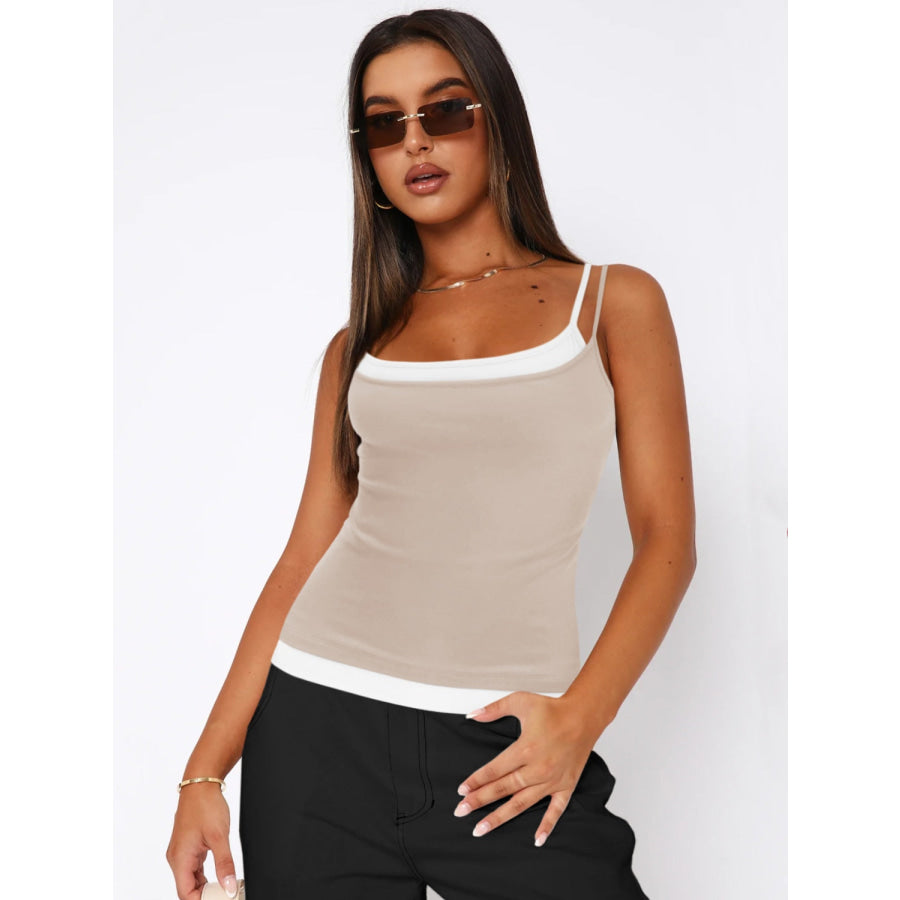Faux Layered Square Neck Cropped Cami Dust Storm / XS Apparel and Accessories