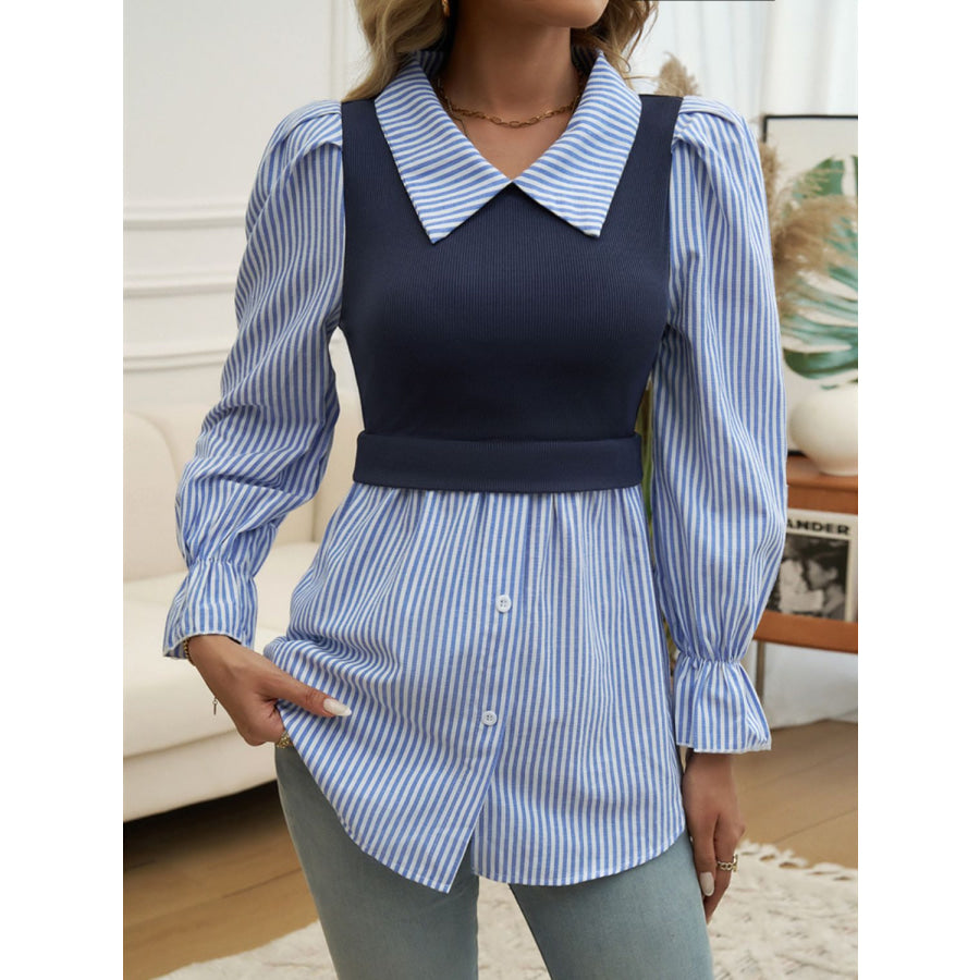 Faux Layered Striped Collared Neck Long Sleeve Shirt Apparel and Accessories