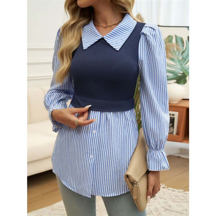 Faux Layered Striped Collared Neck Long Sleeve Shirt Apparel and Accessories