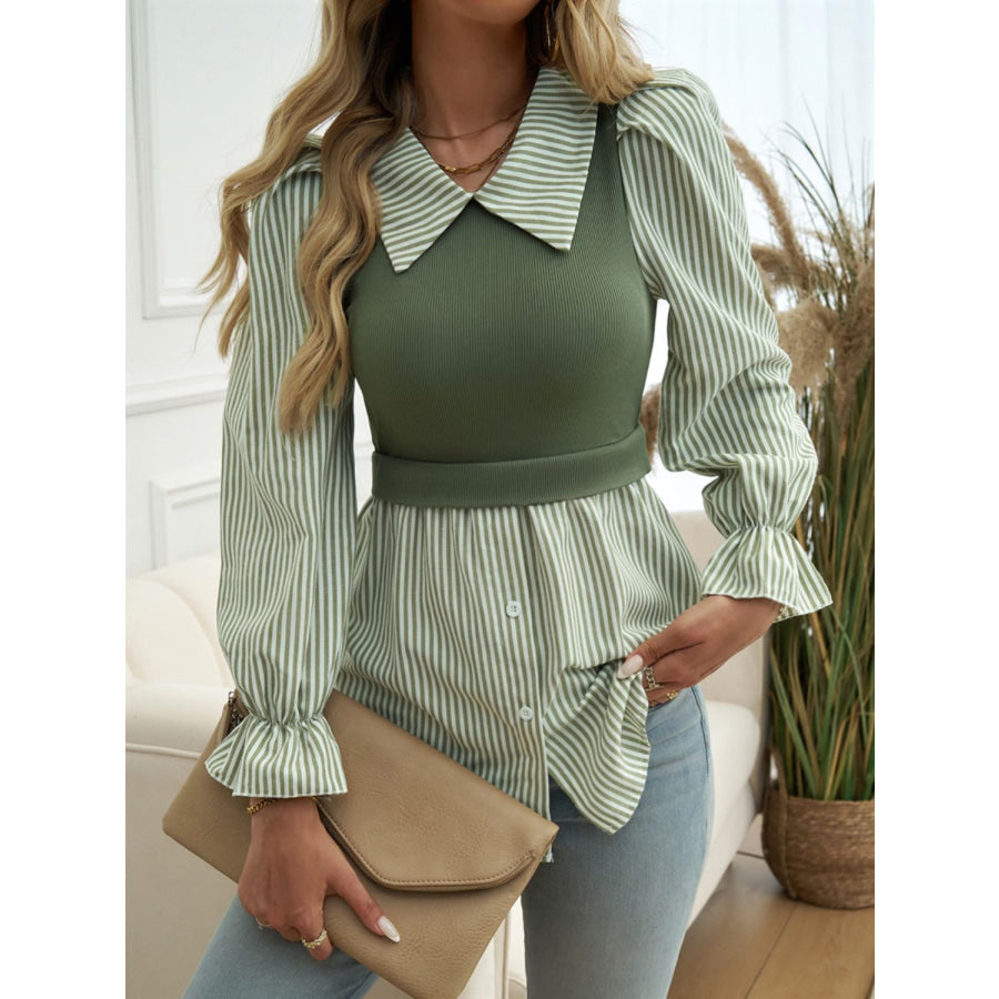 Faux Layered Striped Collared Neck Long Sleeve Shirt Apparel and Accessories