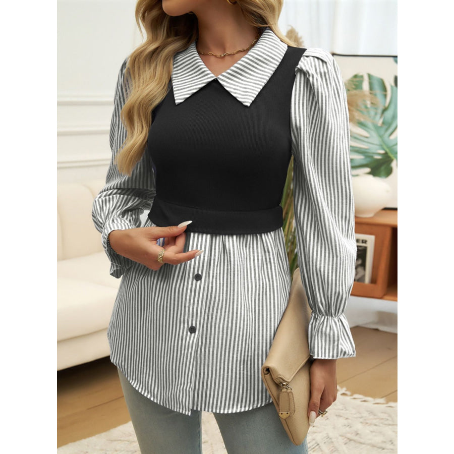 Faux Layered Striped Collared Neck Long Sleeve Shirt Apparel and Accessories