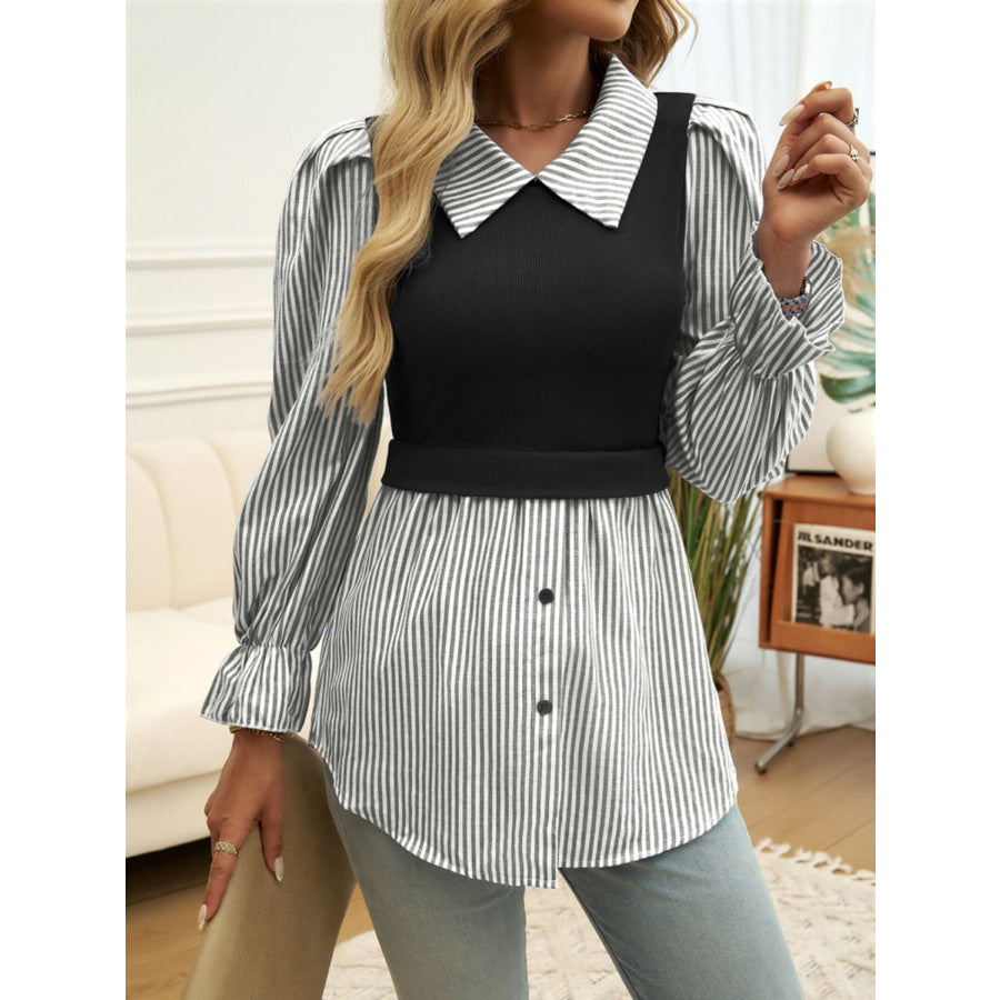 Faux Layered Striped Collared Neck Long Sleeve Shirt Apparel and Accessories