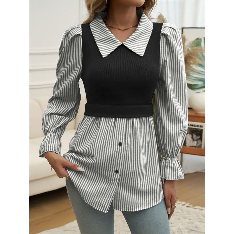 Faux Layered Striped Collared Neck Long Sleeve Shirt Black / S Apparel and Accessories