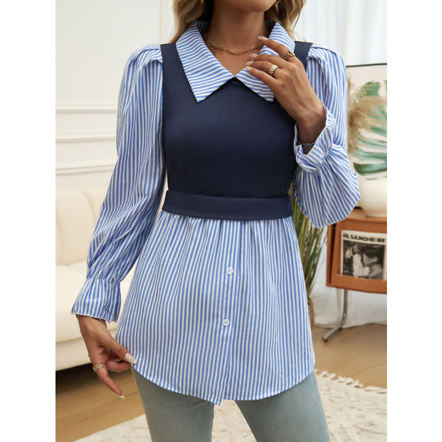 Faux Layered Striped Collared Neck Long Sleeve Shirt Dusty Blue / S Apparel and Accessories