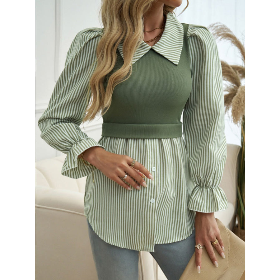 Faux Layered Striped Collared Neck Long Sleeve Shirt Moss / S Apparel and Accessories