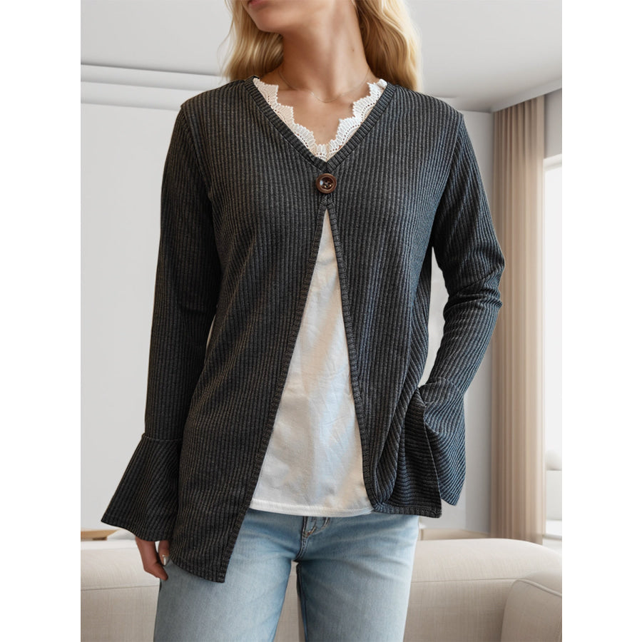 Faux Layered V - Neck Long Sleeve T - Shirt Charcoal / S Apparel and Accessories
