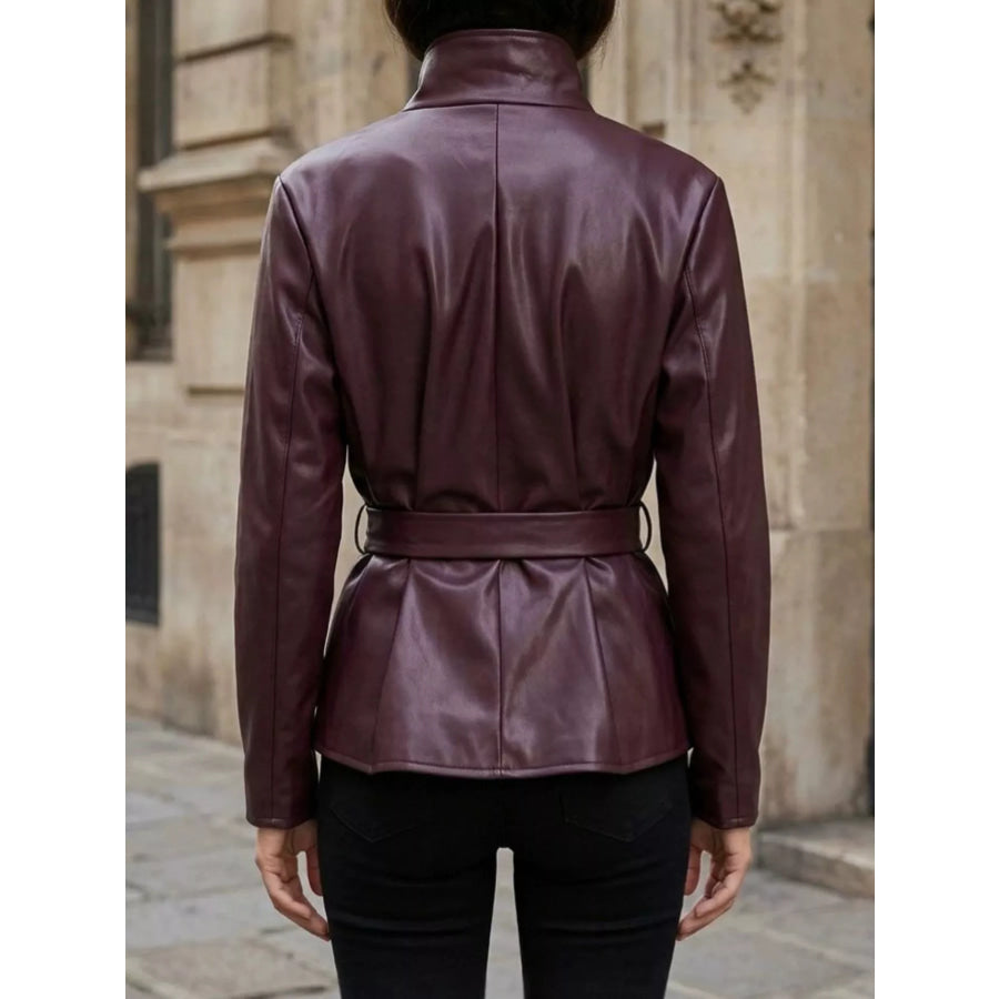 Faux Leather Belted Jacket Apparel and Accessories