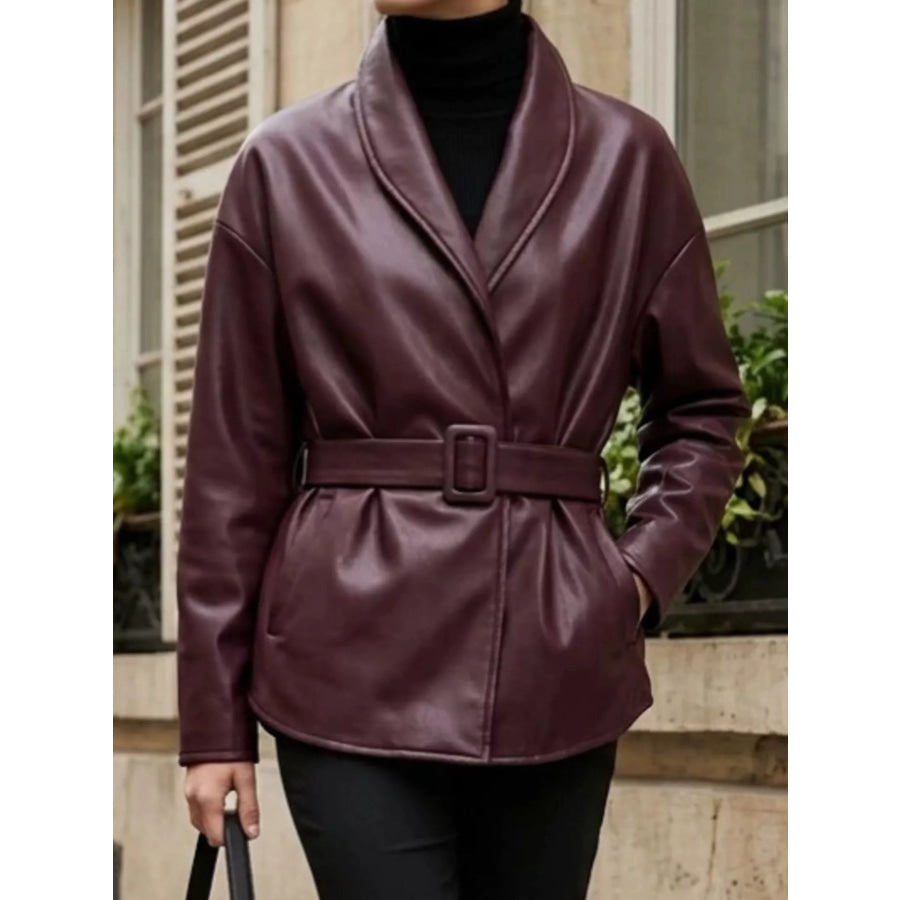 Faux Leather Belted Jacket Apparel and Accessories