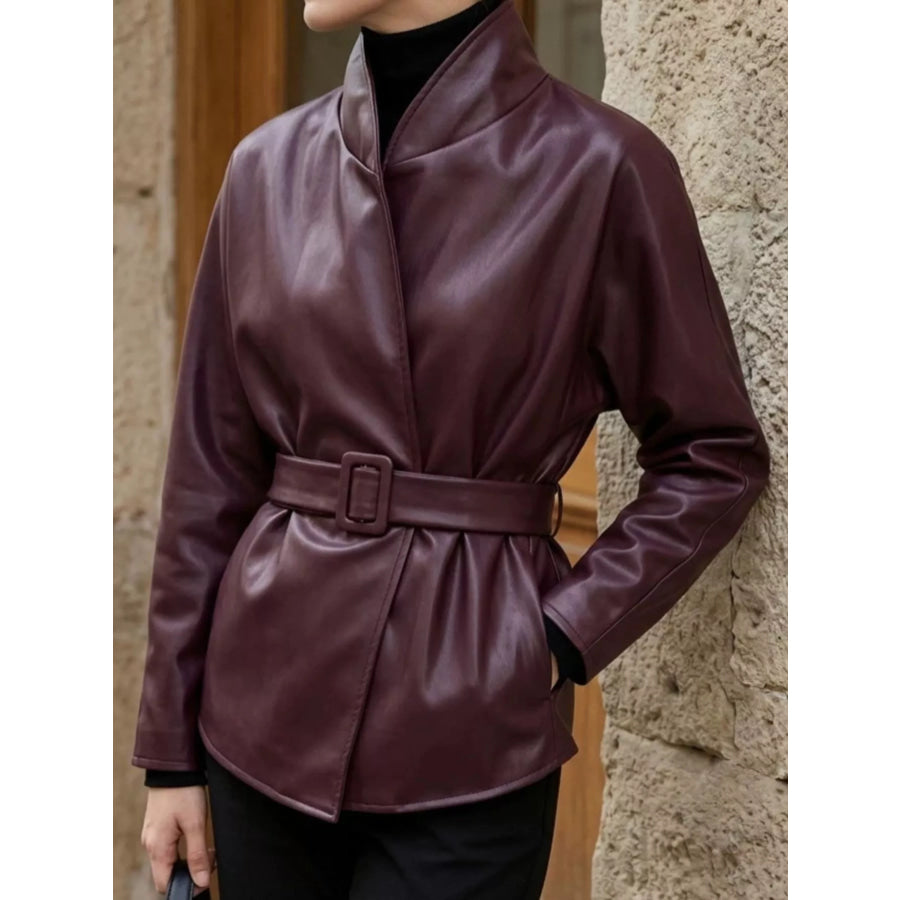 Faux Leather Belted Jacket Apparel and Accessories