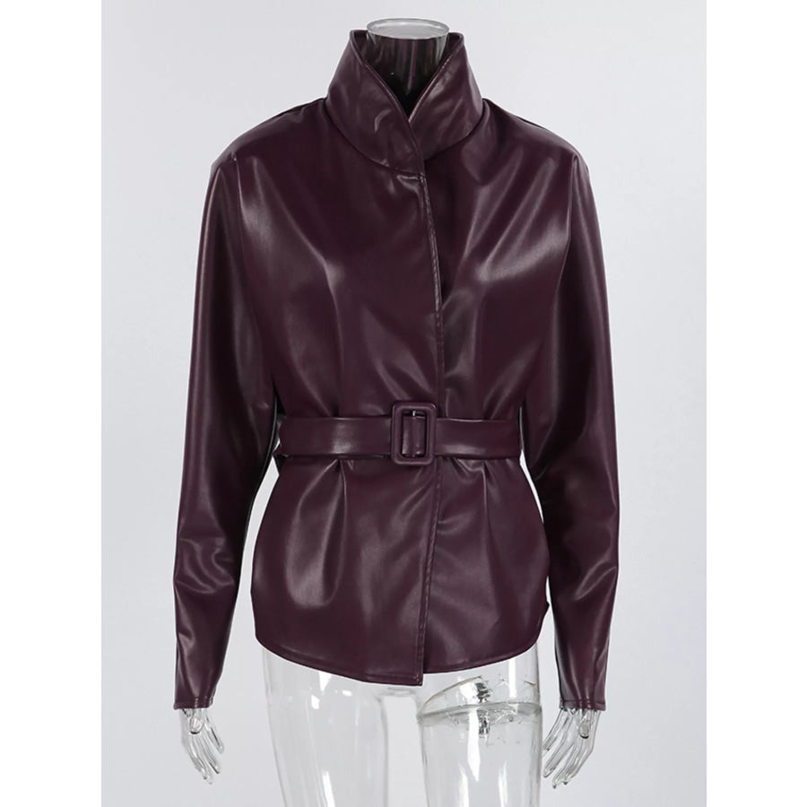 Faux Leather Belted Jacket Apparel and Accessories