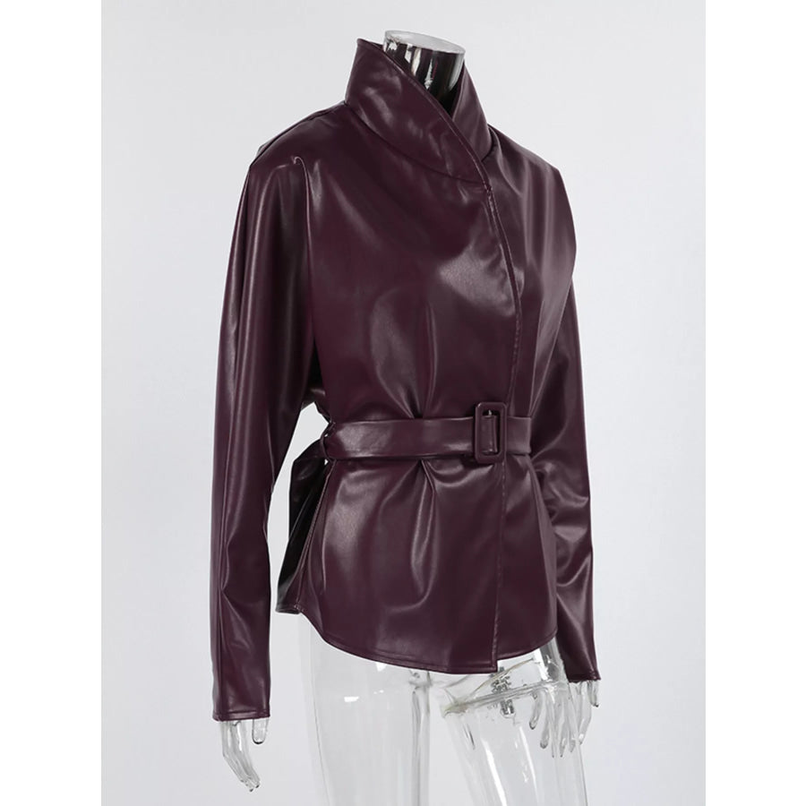 Faux Leather Belted Jacket Apparel and Accessories