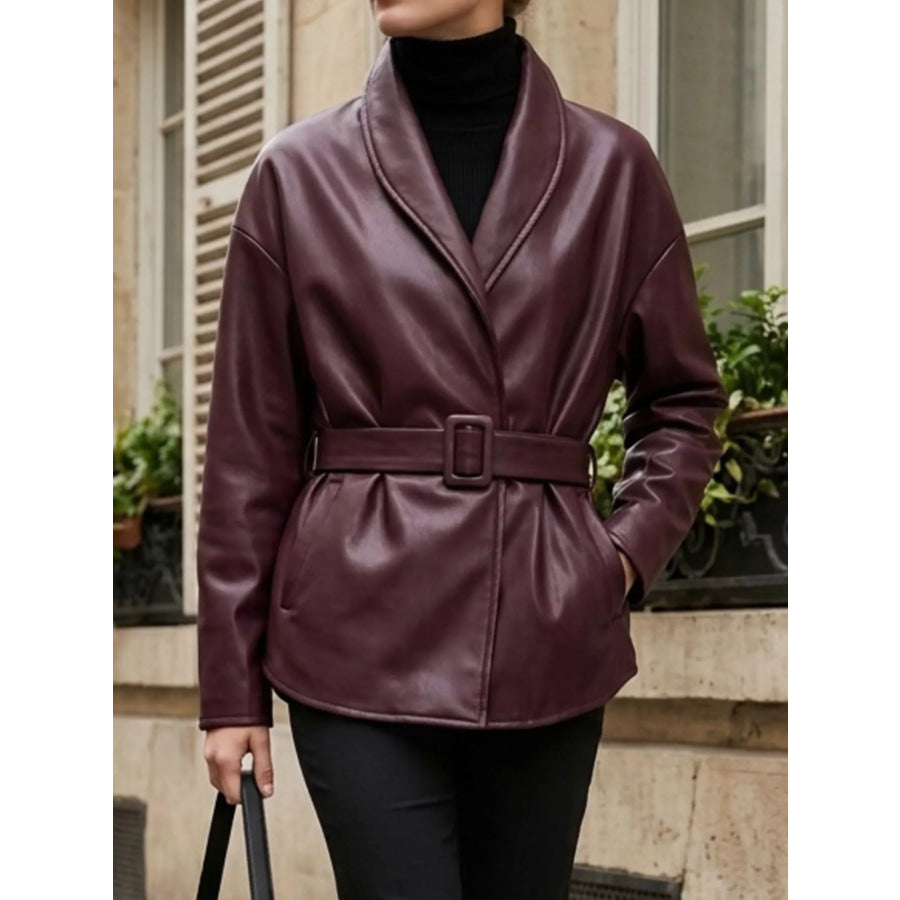 Faux Leather Belted Jacket Apparel and Accessories