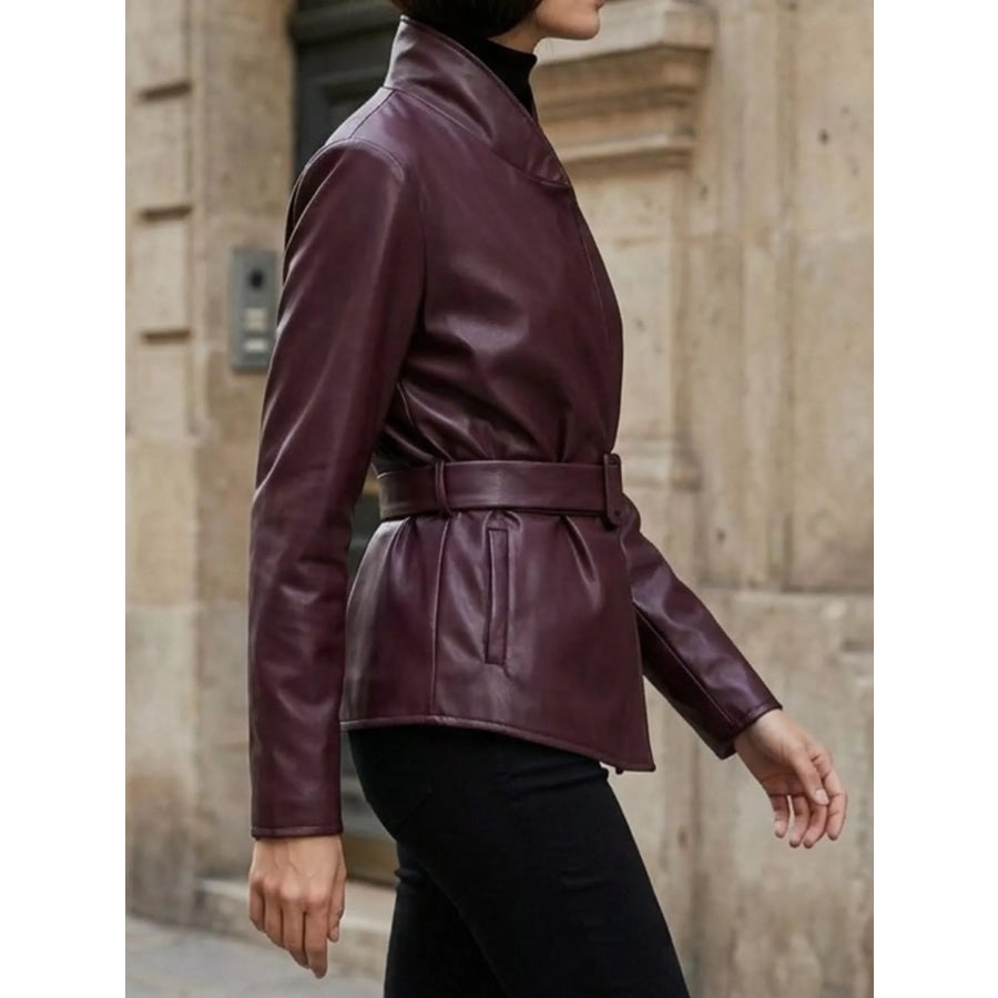 Faux Leather Belted Jacket Apparel and Accessories
