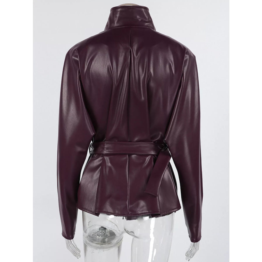 Faux Leather Belted Jacket Apparel and Accessories
