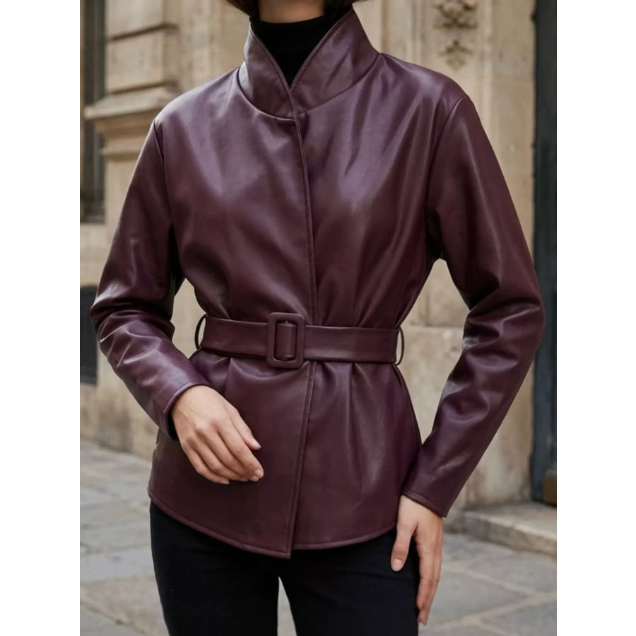 Faux Leather Belted Jacket Burgundy / S Apparel and Accessories