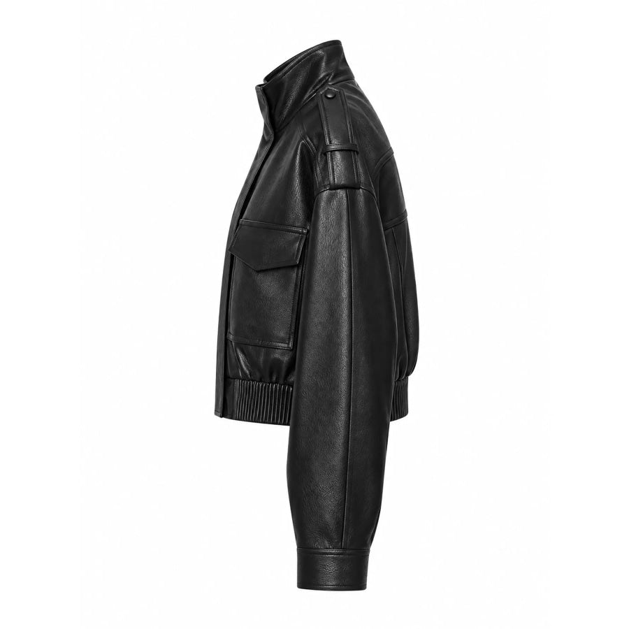 Faux Leather Cropped Bomber Jacket Apparel and Accessories