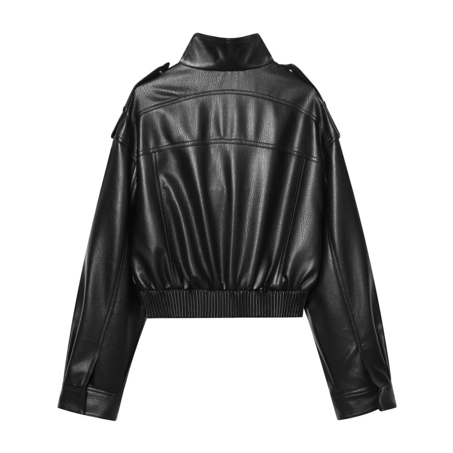Faux Leather Cropped Bomber Jacket Apparel and Accessories