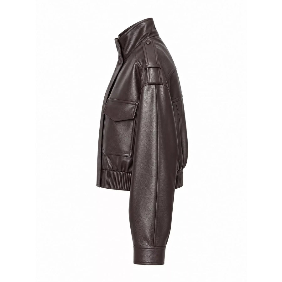 Faux Leather Cropped Bomber Jacket Apparel and Accessories