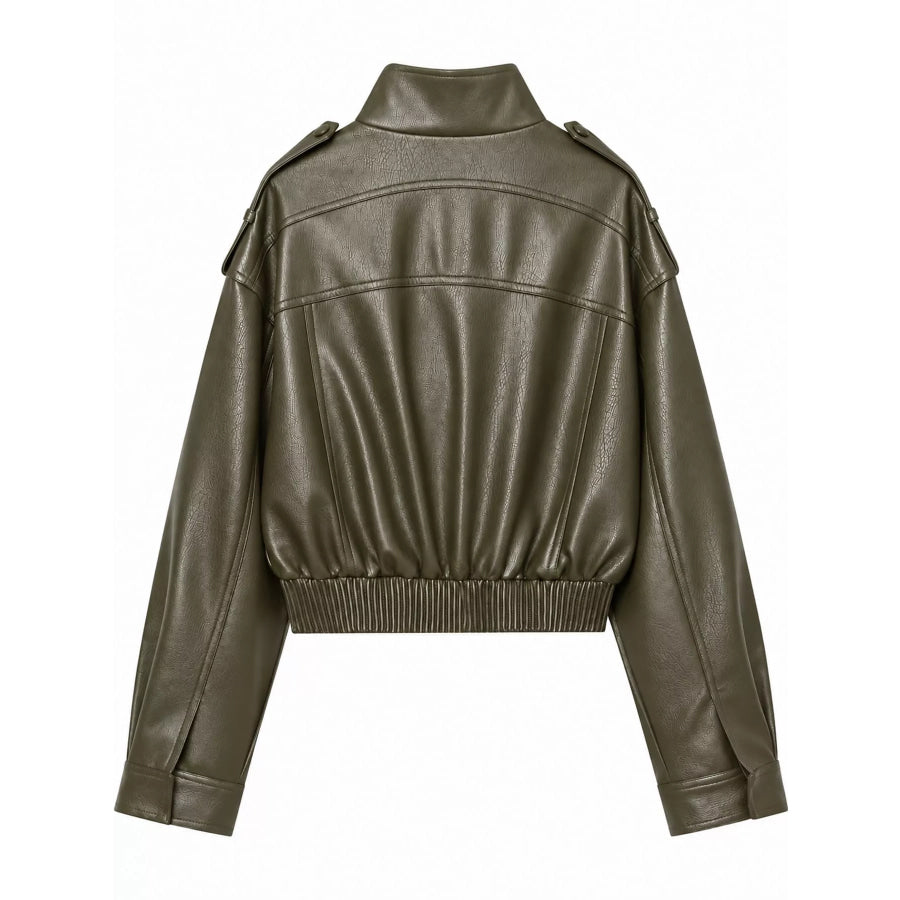 Faux Leather Cropped Bomber Jacket Apparel and Accessories