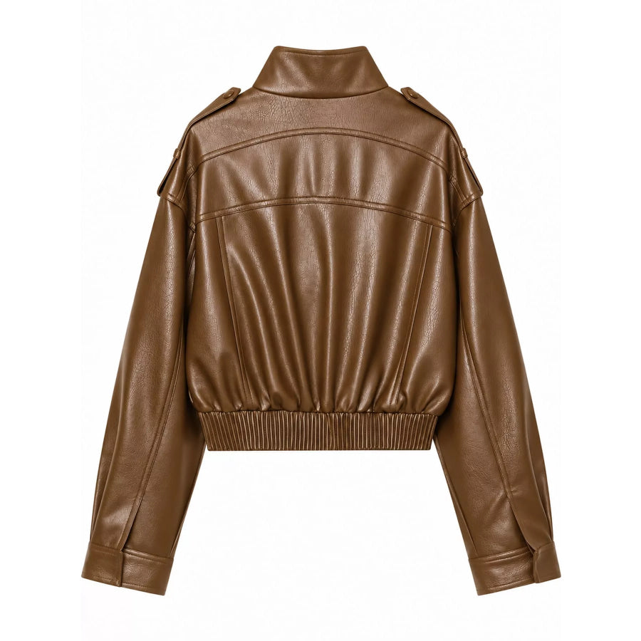 Faux Leather Cropped Bomber Jacket Apparel and Accessories