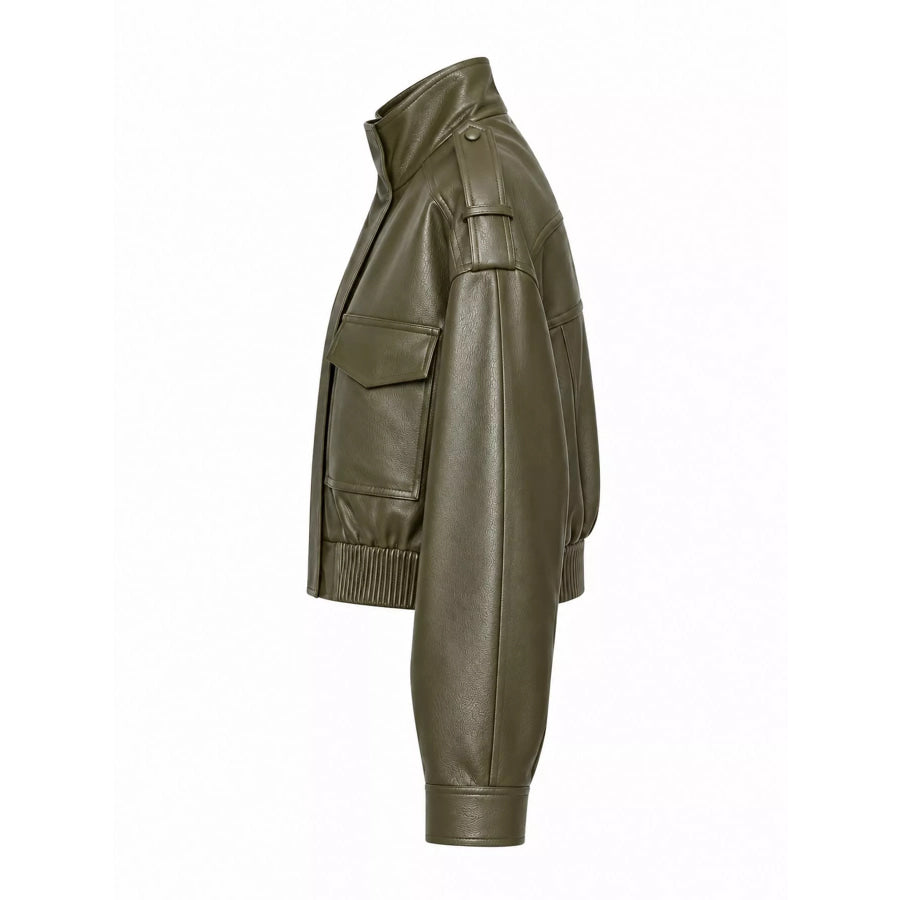 Faux Leather Cropped Bomber Jacket Apparel and Accessories