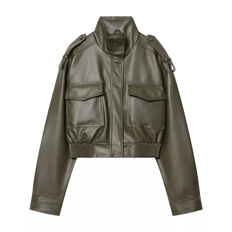 Faux Leather Cropped Bomber Jacket Army Green / XS Apparel and Accessories