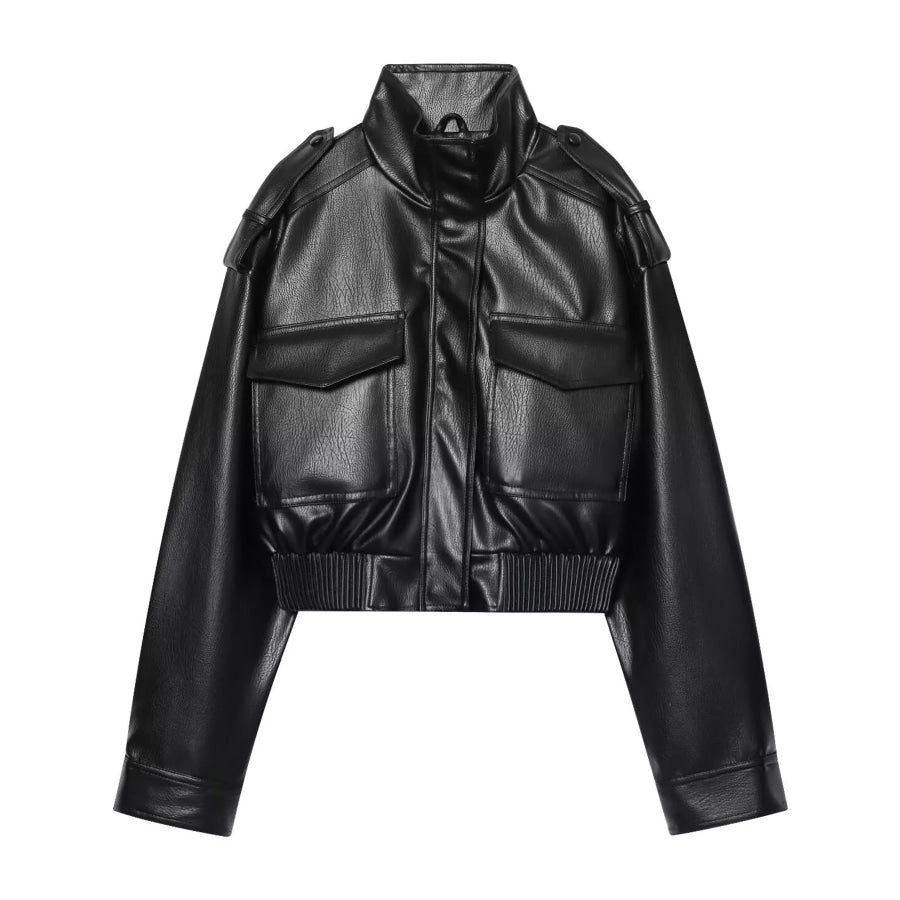 Faux Leather Cropped Bomber Jacket Black / XS Apparel and Accessories