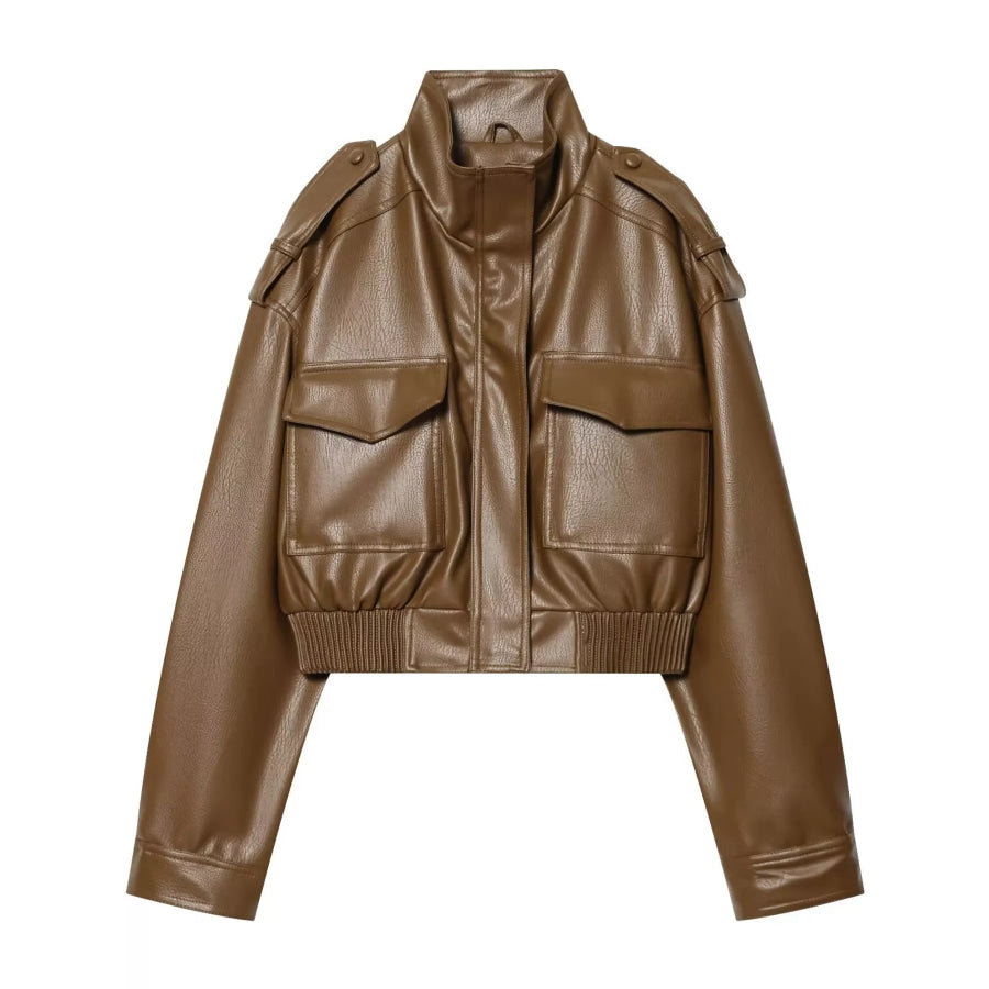 Faux Leather Cropped Bomber Jacket Camel / XS Apparel and Accessories