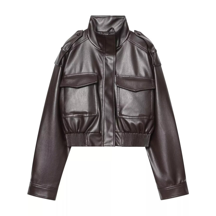 Faux Leather Cropped Bomber Jacket Coffee / XS Apparel and Accessories