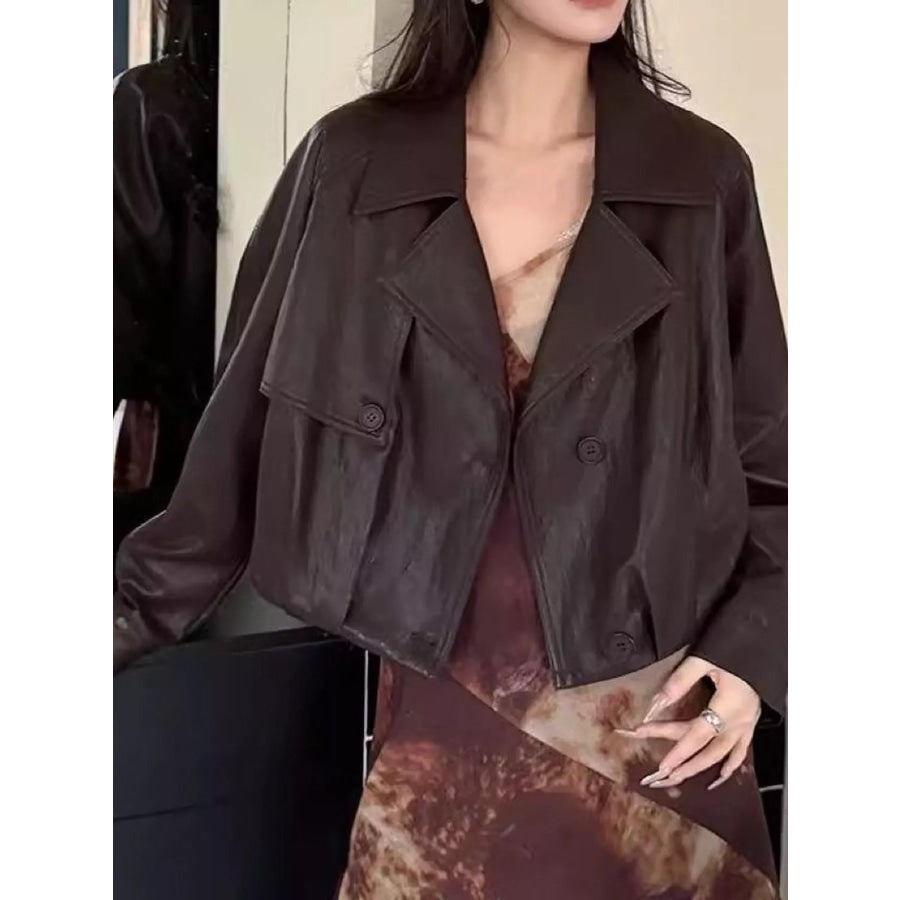 Faux Leather Cropped Jacket Coffee / M Apparel and Accessories