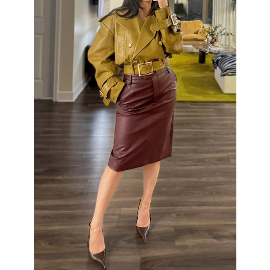 Faux Leather Cropped Jacket with Buckle Details Apparel and Accessories