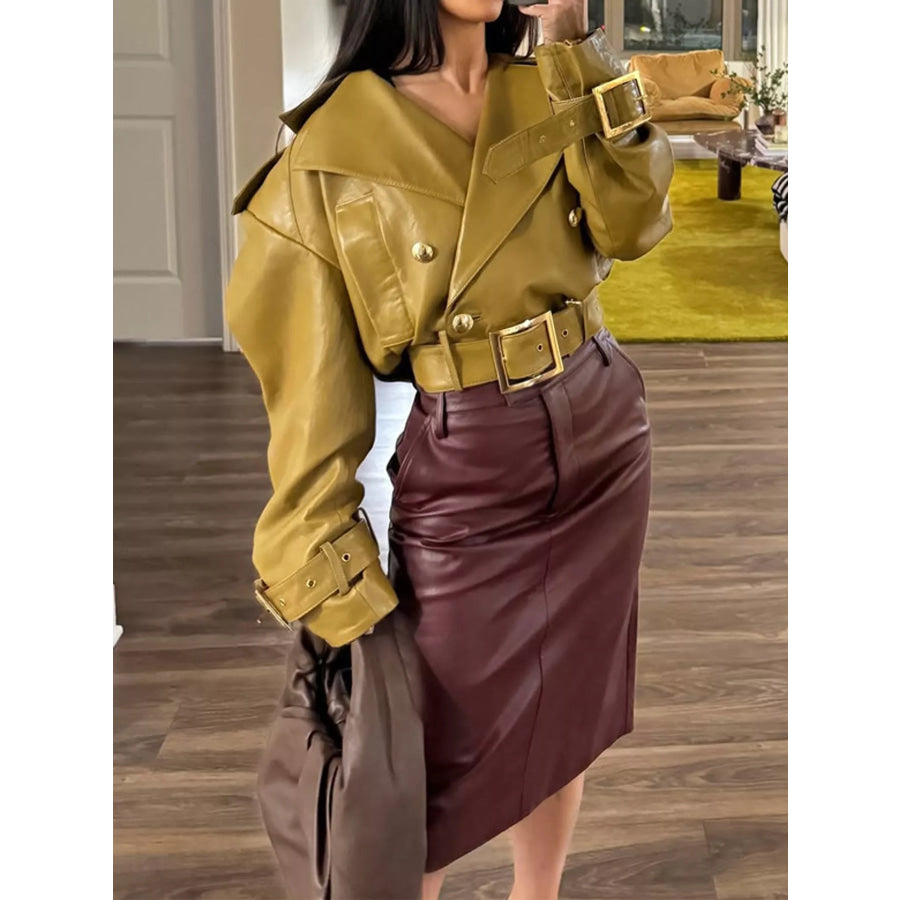 Faux Leather Cropped Jacket with Buckle Details Chartreuse / S Apparel and Accessories
