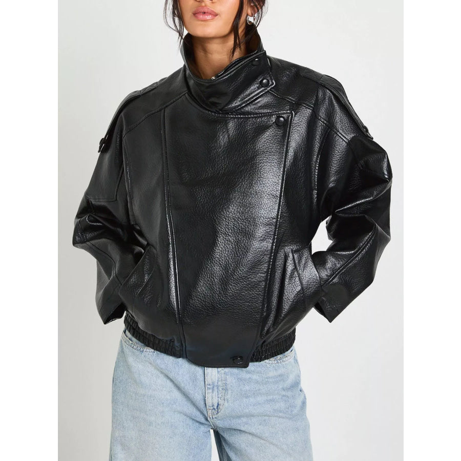 Faux Leather Moto Jacket with Asymmetrical Zip Black / S Apparel and Accessories