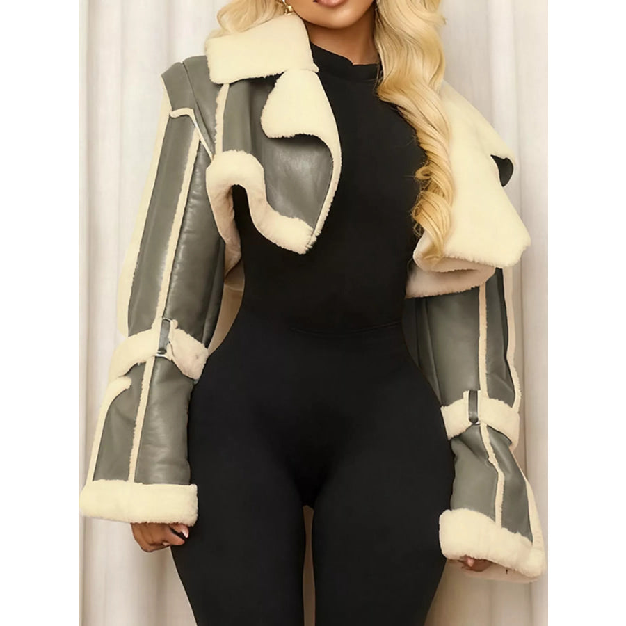 Faux Leather Plush Cropped Jacket Army Green / S Apparel and Accessories