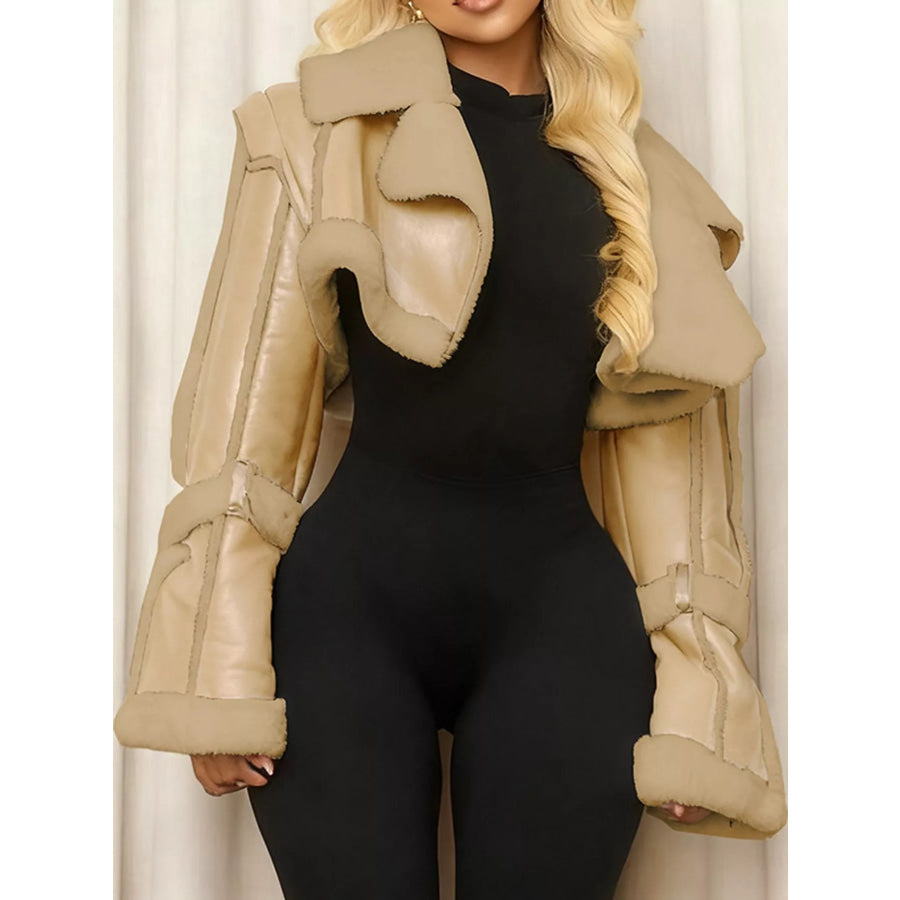 Faux Leather Plush Cropped Jacket Khaki / S Apparel and Accessories