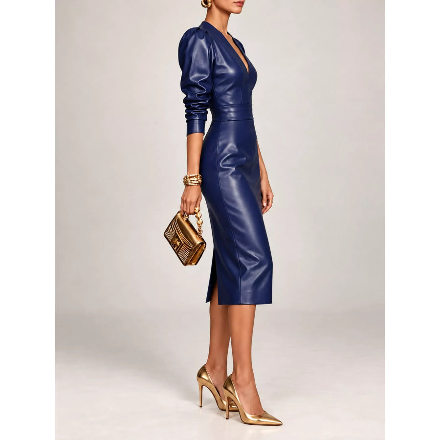 Faux Leather Puff Sleeve Bodycon Midi Dress Apparel and Accessories