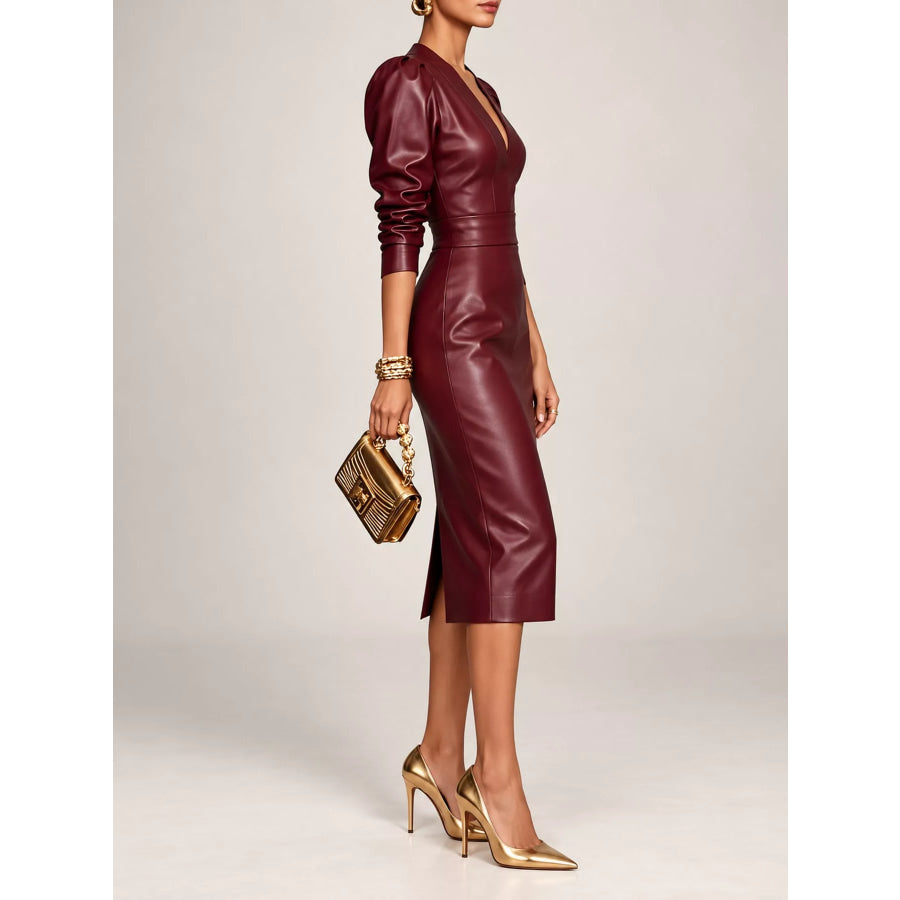 Faux Leather Puff Sleeve Bodycon Midi Dress Burgundy / S Apparel and Accessories