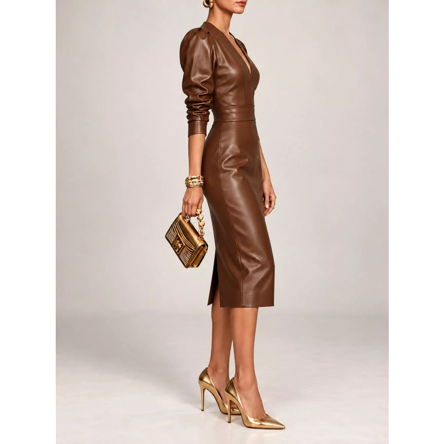 Faux Leather Puff Sleeve Bodycon Midi Dress Apparel and Accessories