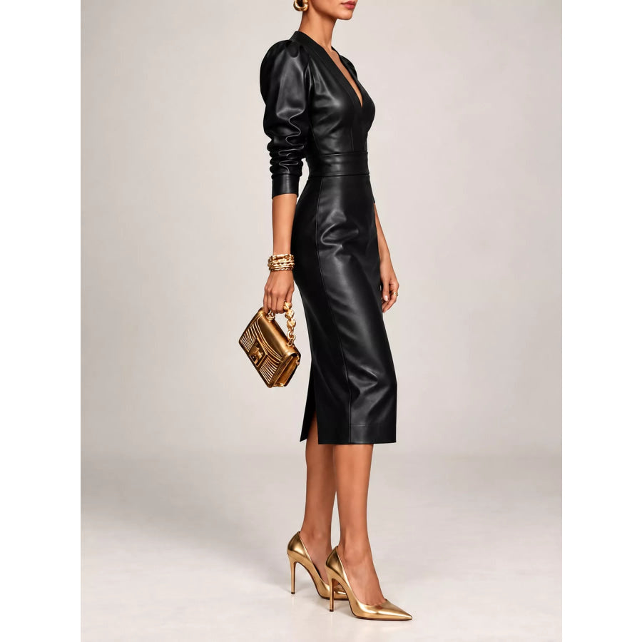 Faux Leather Puff Sleeve Bodycon Midi Dress Apparel and Accessories