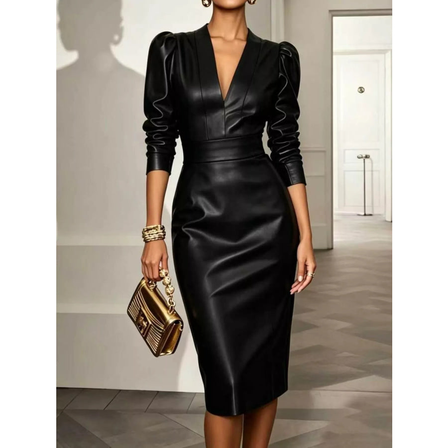 Faux Leather Puff Sleeve Bodycon Midi Dress Black / S Apparel and Accessories
