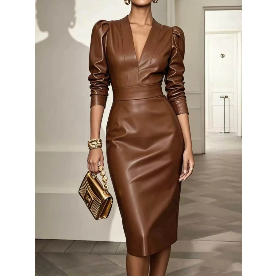 Faux Leather Puff Sleeve Bodycon Midi Dress Brown / S Apparel and Accessories
