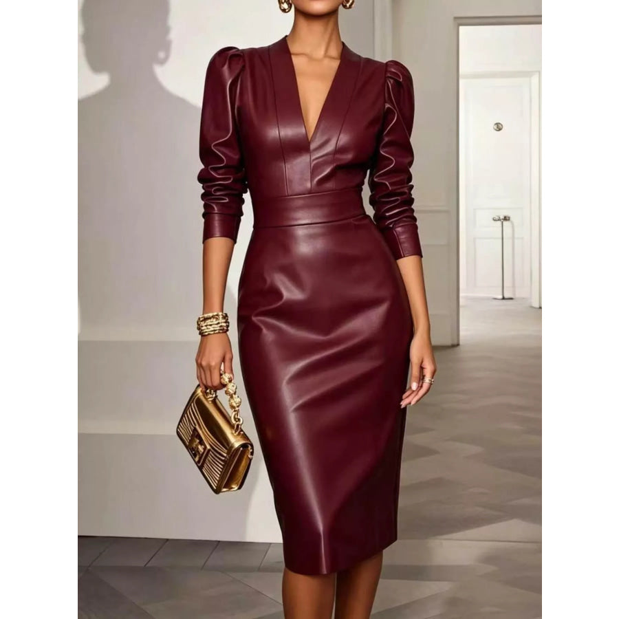Faux Leather Puff Sleeve Bodycon Midi Dress Burgundy / S Apparel and Accessories