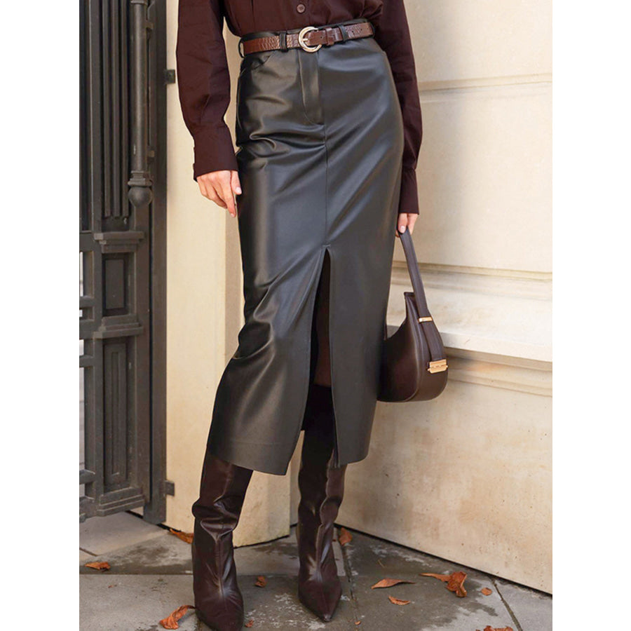 Faux Leather Slit Midi Skirt Black / S Apparel and Accessories