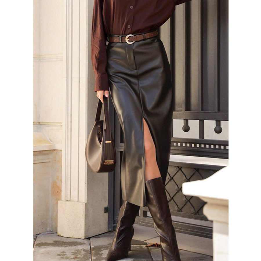 Faux Leather Slit Midi Skirt Black / S Apparel and Accessories
