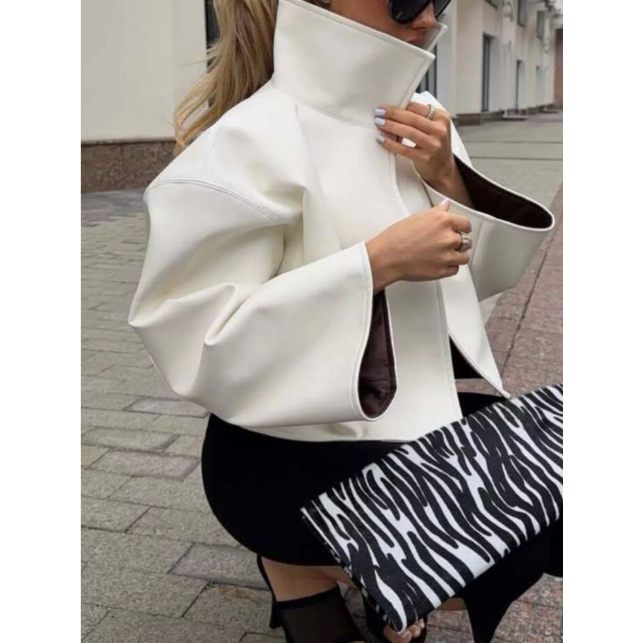 Faux Leather Stand-Collar Cropped Blazer X501 White / S Apparel and Accessories