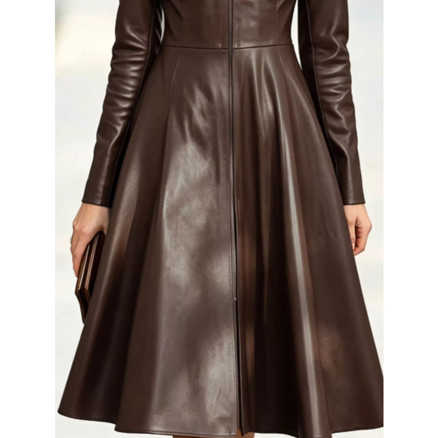 Faux Leather Zip-Front A-Line Midi Dress Apparel and Accessories