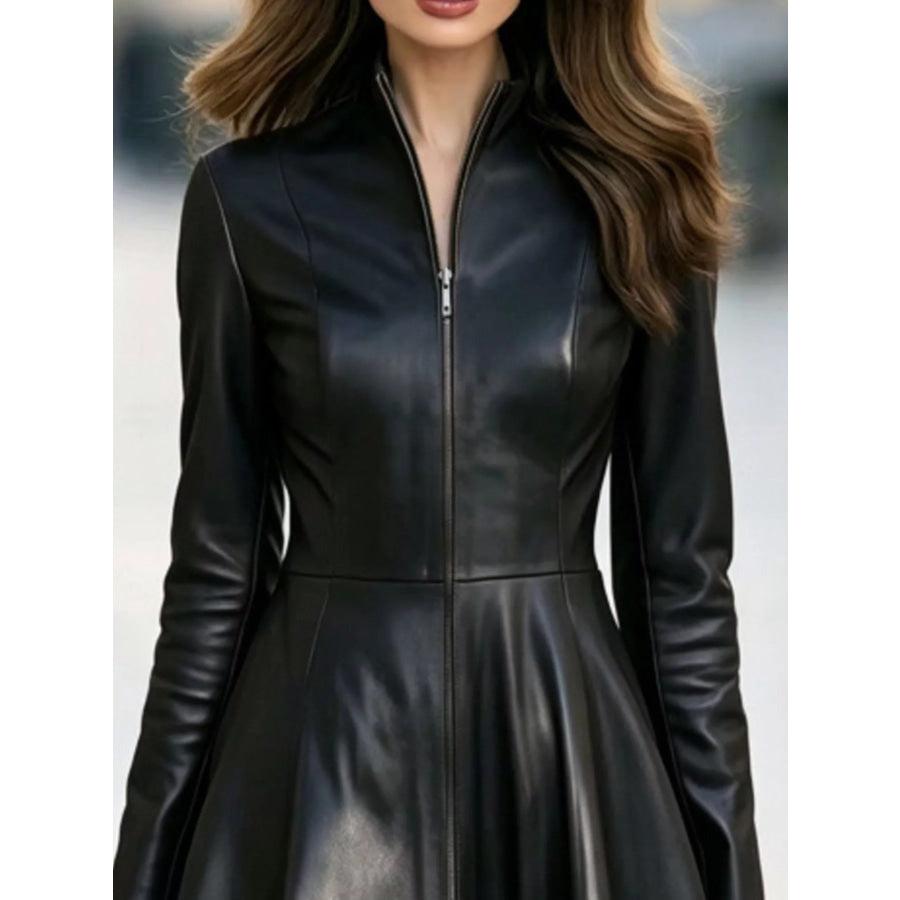 Faux Leather Zip-Front A-Line Midi Dress Apparel and Accessories