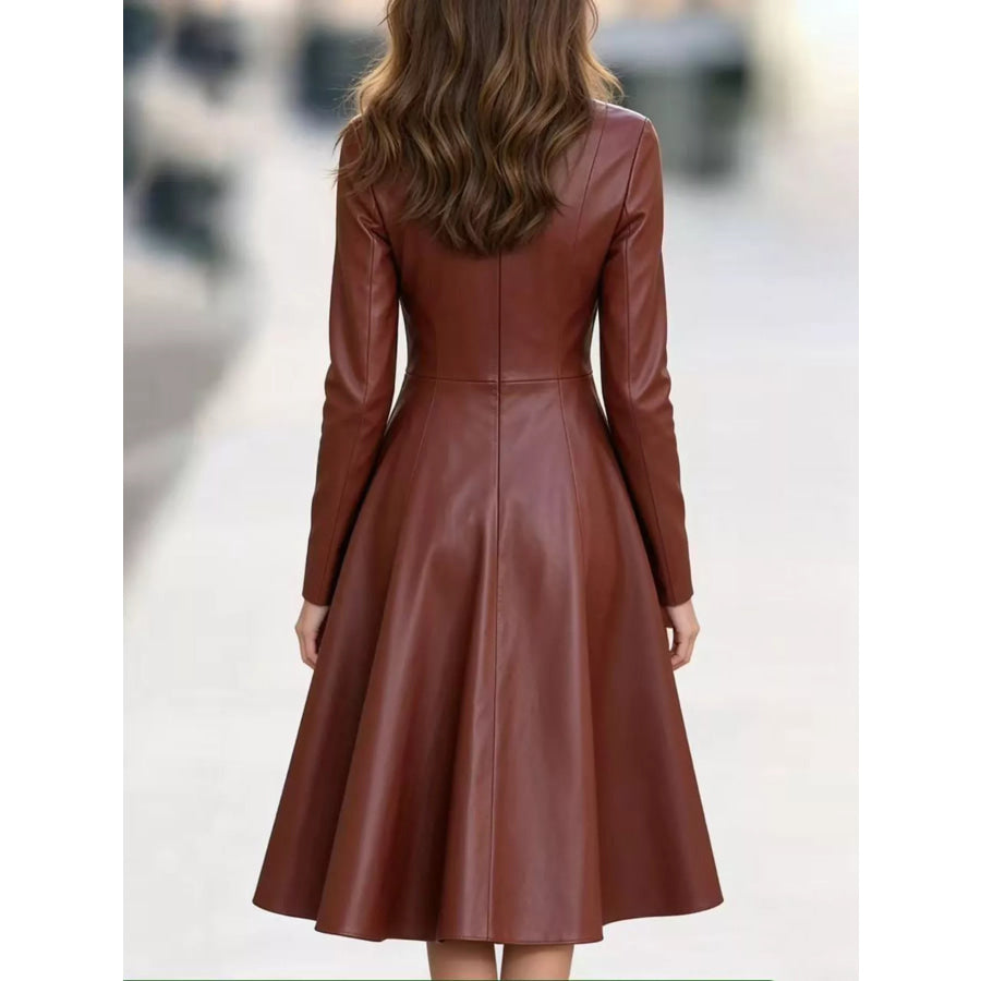 Faux Leather Zip-Front A-Line Midi Dress Apparel and Accessories