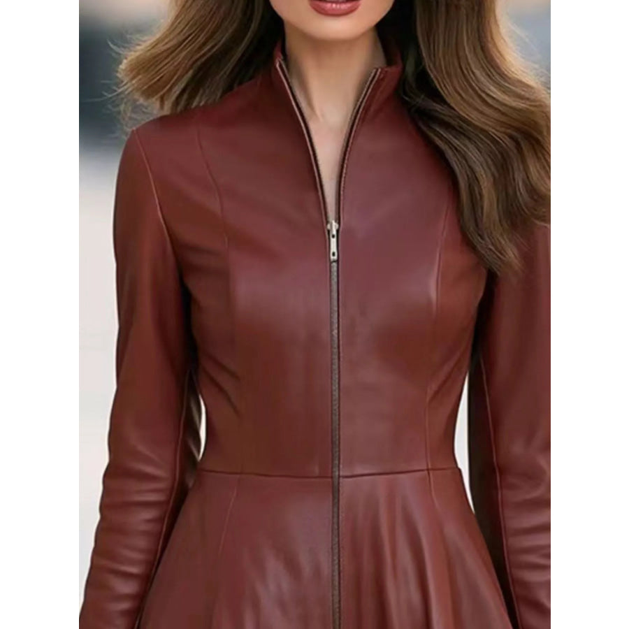 Faux Leather Zip-Front A-Line Midi Dress Apparel and Accessories